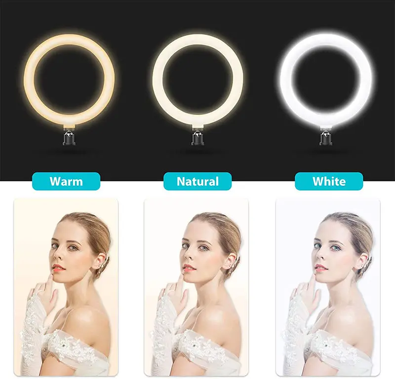 Anillo de luz LED de 10 pulgadas con soporte móvil para móvil, Compatible con portátil de 12 a 17 pulgadas, tableta de 7 a 13 pulgadas, soporte para selfis en vivo