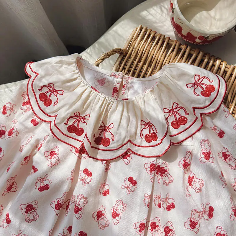 spring autumn girl dress embroidery cute little bear cherry sweet Lotus leaf collar long sleeves princess dress birthday gift