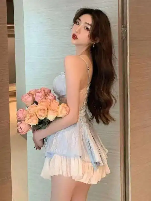 Sexy Suspender Dress Elegant Women's Sweet Pure Desire Lace Hollow Out Slimming Fluffy Dress Blue Sweet Mini Dress Tops TQE8