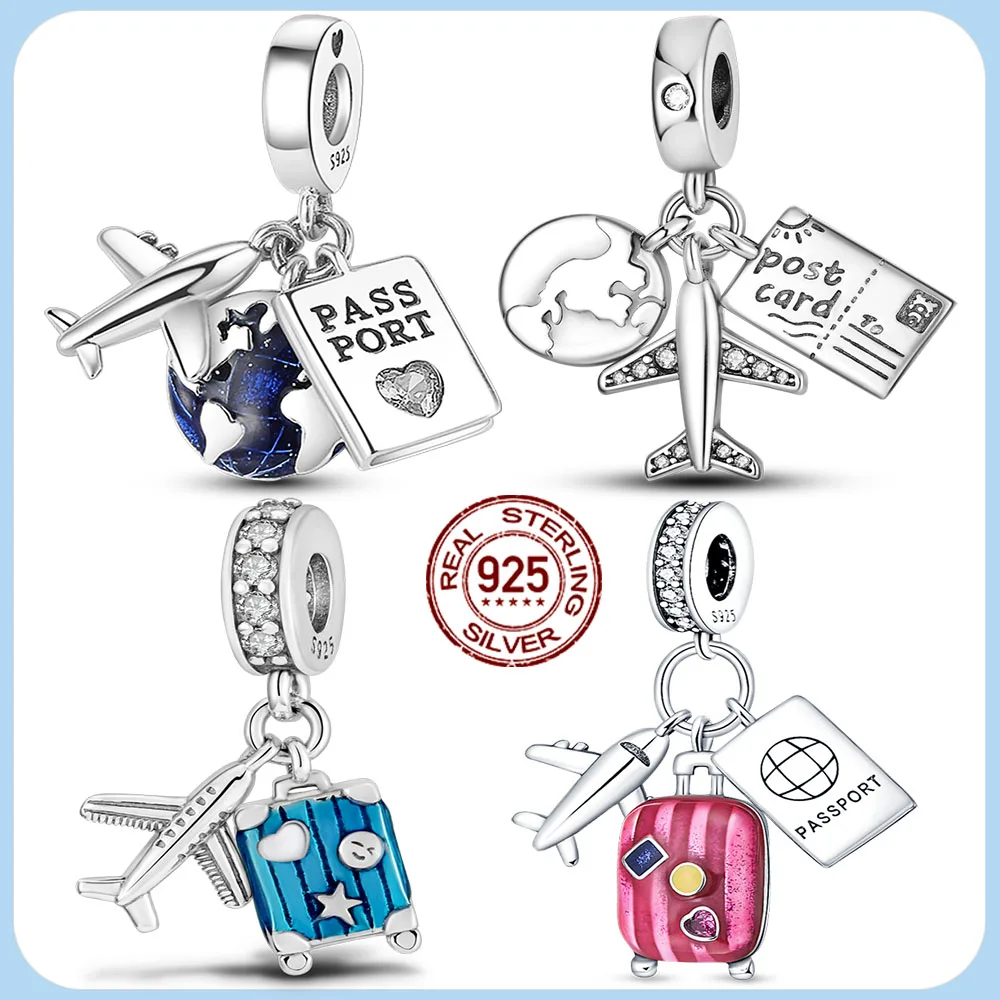 Plata de Ley 925 auténtica pasaporte de viaje avión dijes cuentas colgantes aptos para Pulsera Original DIY para mujer regalo de joyería