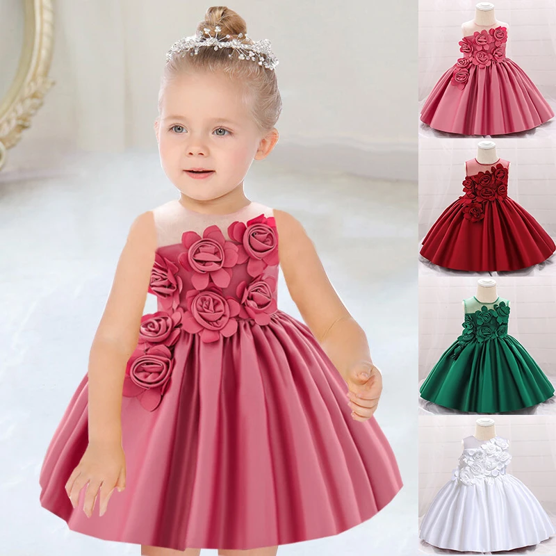 

Baby Girl First Birthday Party Dress 12 Month Newborn Kids Rose Flower Tulle Tutu Clothes Infant Pageant Princess Costume