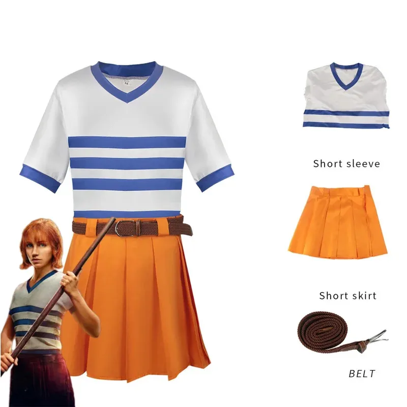 Аниме Live Action Movie Nami Косплей Костюм Wano Kuni Country Футболка в белую полоску Желтая юбка Парик Женский сексуальный костюм на Хэллоуин6;