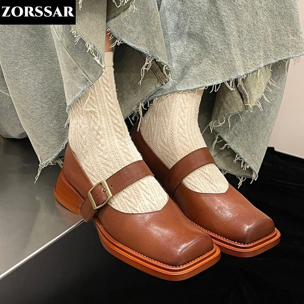 

New Women's Flats Square Toe Mary Janes Shoes Buckle Strap Leather Shoes Low Heels Dress Shoes Retro Brown Ballet Flats Autumn