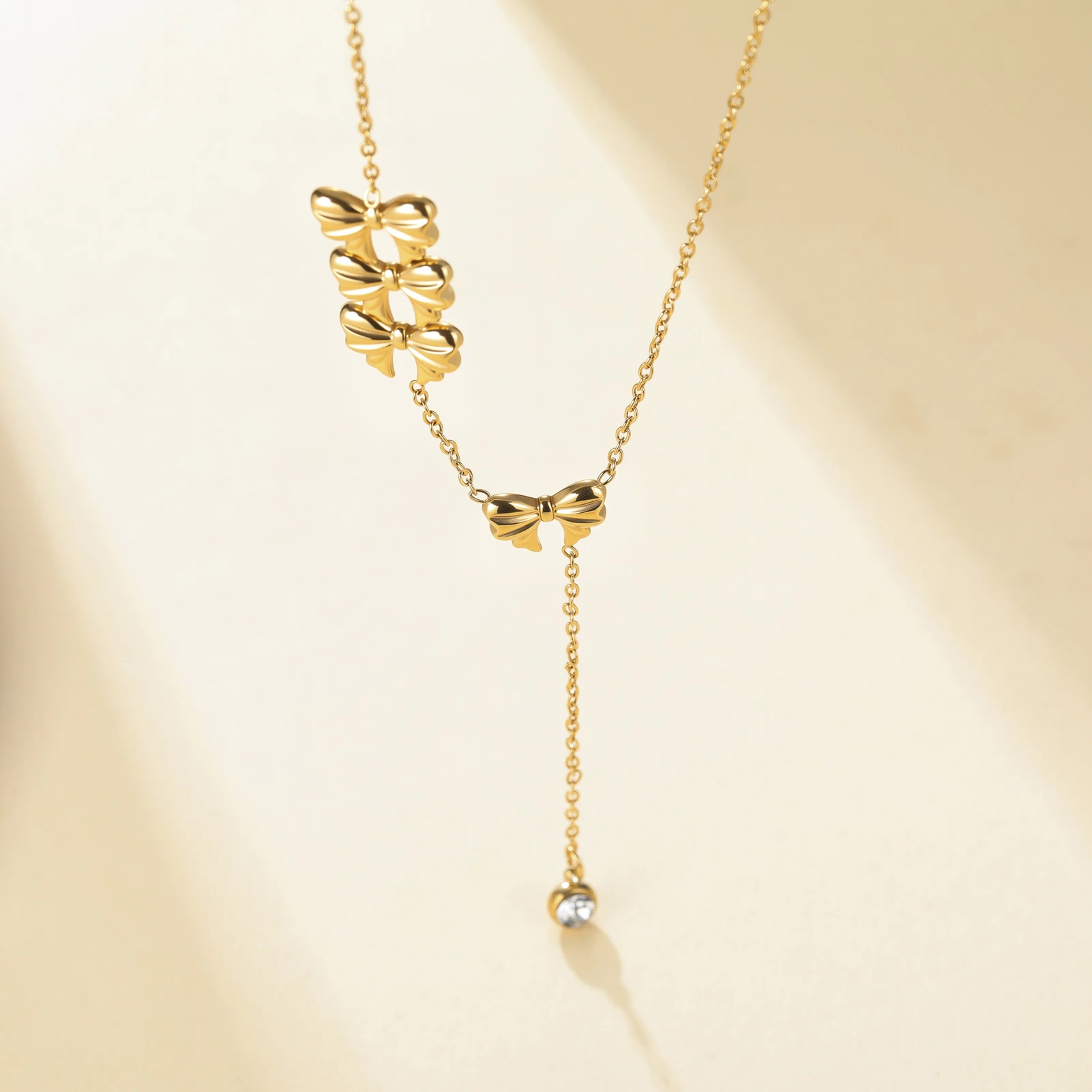 Stainless Steel Bow Knot Lariat Y‑Necklace For Women Inlaid Crystal Tassel Pendant Chain Fashion Daily Jewelry Gift