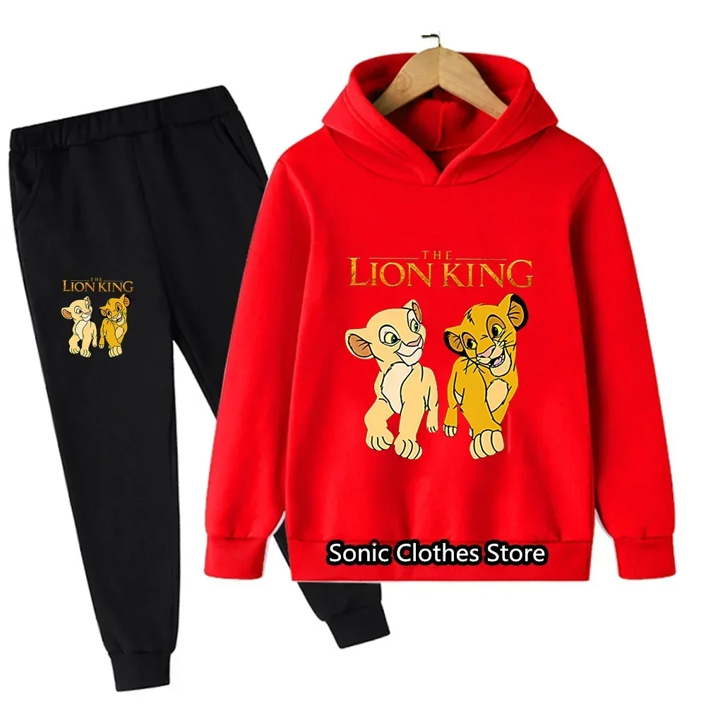 Disney Cartoon Animals Graphic Simba Kids Clothes Cotton Suit Girls Cartoon Lion King Hoodies Pants 2Pcs Casual Boys Girls Sets