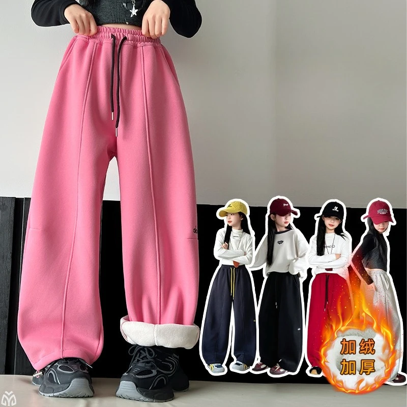 

Autumn/Winter 6 8 10 14 teen girl cotton plush sport pants junior kid Thick Fleece casual wide-leg pants child Straight trousers