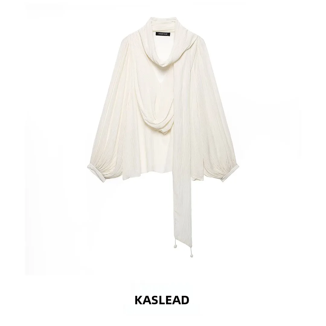KASLEAD Women's Shirt Knot Decorated Elegant Feel Long Sleeve Polyester Fiber Non-Shrinking Autumn Season Fashion