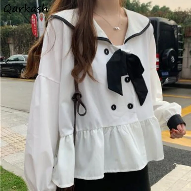 Sweet Blouse for Women Peter Pan Collar Young Bow Design Loose Preppy Style Girls Spring Clothing All-match Lovely Fashion Soft