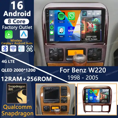 Android 16 Car Radio For Mercedes Benz S Class W220 S280 S320 S350 S400 S430 S500 S600 AMG 1998 - 2005 Carplay Auto GPS BT QLED