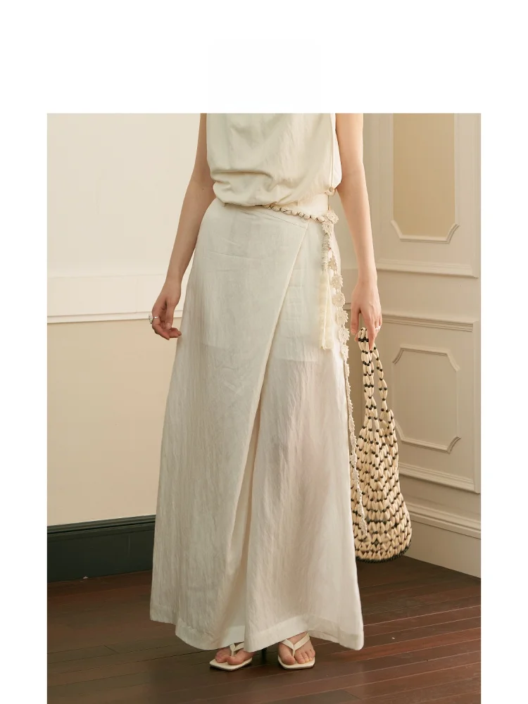 

Casual Slouchy Wide Leg Pants Asymmetric Side Zipper Texture Crease Lyocell Fiber l Waist Straight Cut Ladies Trousers