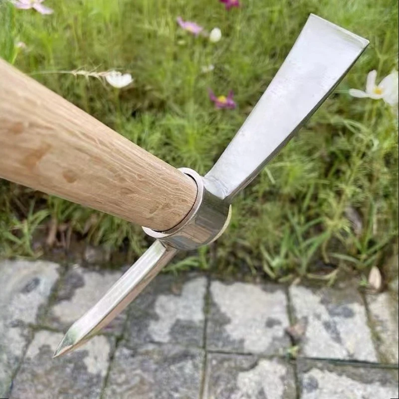 1/2pcs Durable Stainless Steel Hand Cultivator Silver Wooden Handle Garden Hoe Ergonomic Handle Dual Head Pickaxe Tool