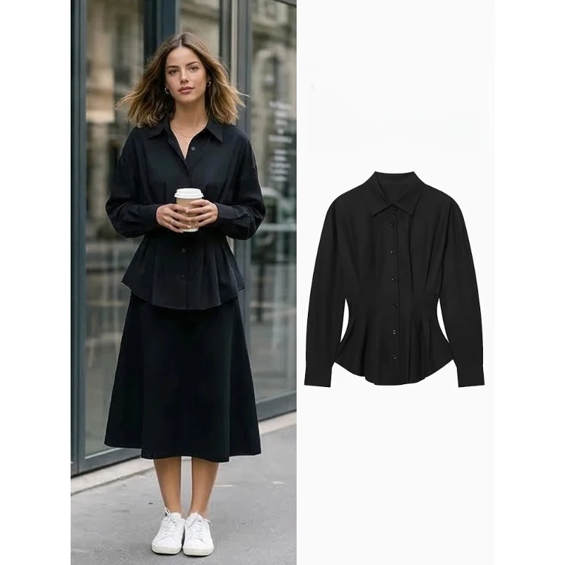 

FANAN Women Fashion Black Pleated Single Breasted Blouse Vintage Lapel Neck Long Sleeves Female Chic Lady Shirts