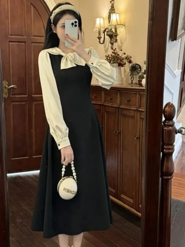 Large Size Hepburn Style Fake Two-Piece Dress Elegant Ladylike Autumn New Arrival Midi Skirt Long Sleeve Knot Frenc... 3