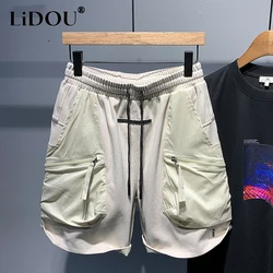 Summer New Vintage All-match Patchwork Motion Shorts Man Clothing Solid Color Elastic Waist Pockets Drawstring Knee Length Pants