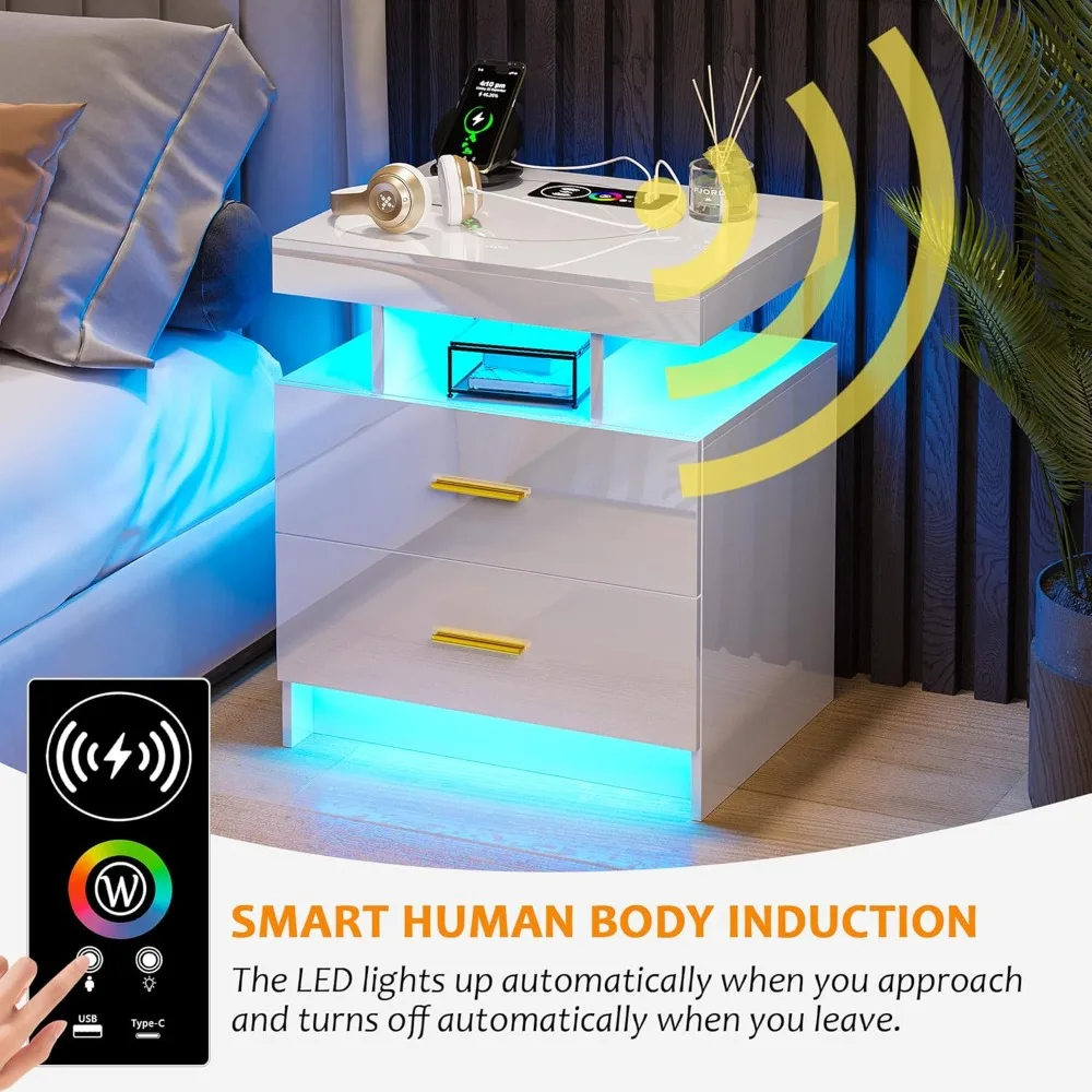 منضدة LED بيضاء حديثة مع منفذ شحن وإضاءة مفعلة بمستشعر وأدراج تخزين مزدوجة