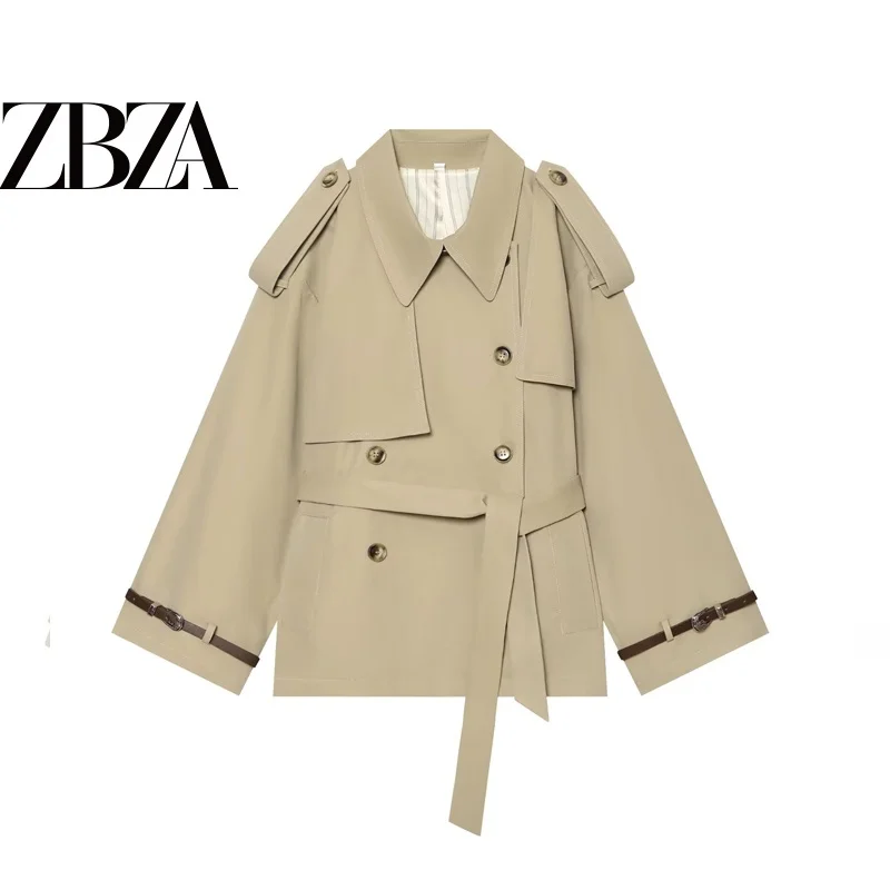 Fashionable ZR Windbreaker Women's  Collar Double-Row Buttoned Outerwear Polyester Fiber Regular Length Wind Coat