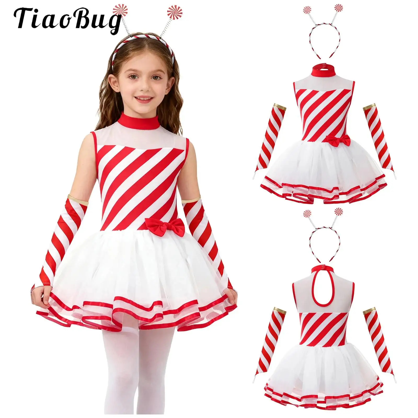 

Kids Girls Striped Tutu Dance Dress Candy Cane Christmas Dance Costume Ballet Artistic Figure Skating Twirling Leotard Dresses