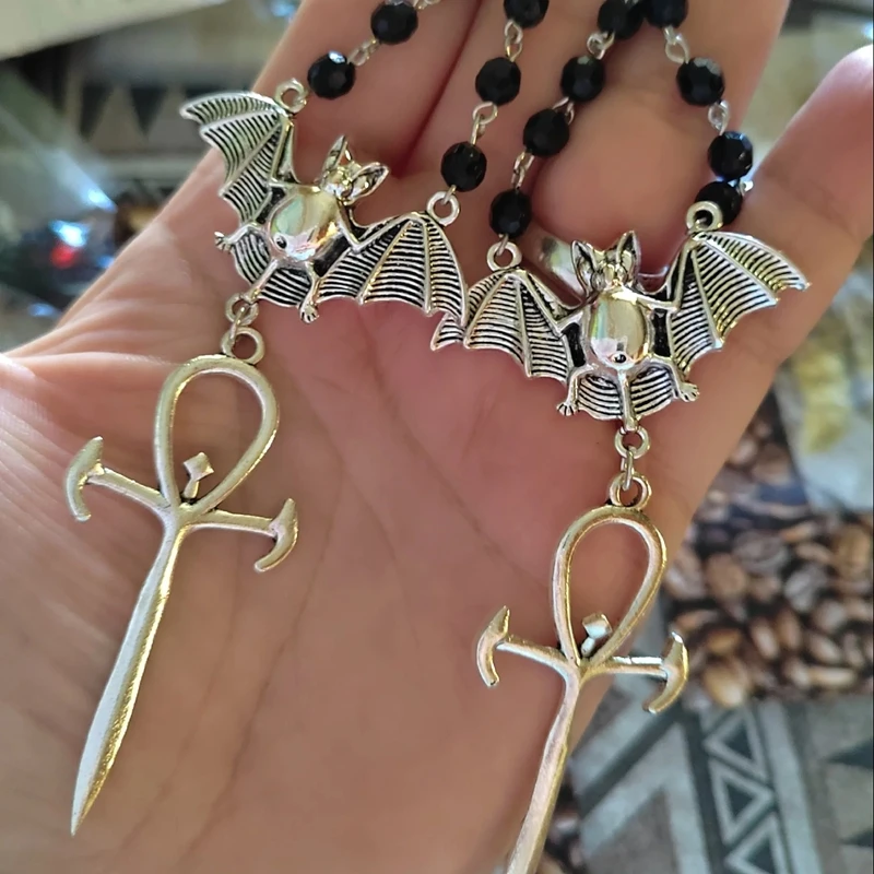 Vampire Bat Cross Earrings,AnkhBlack Crystal Dangle Earring,Occult Gothic Jewelry Gifts