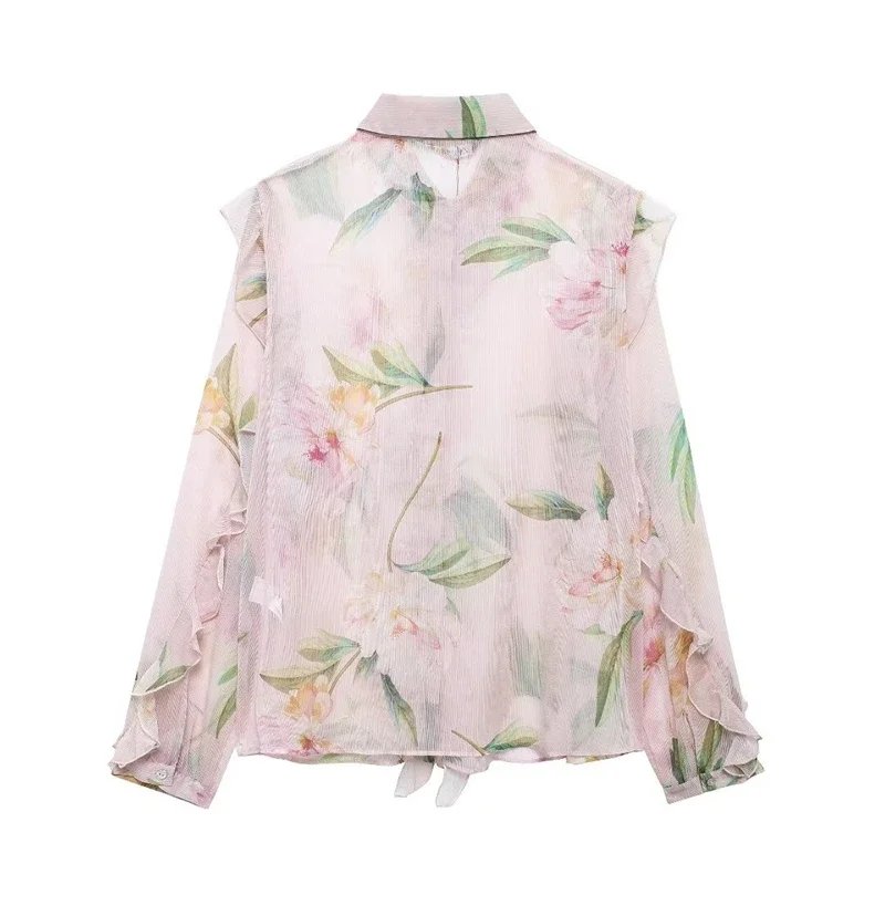 

2024 New Pastoral style Flower Print Women's See-through shirt Autumn Romance Tiered Long Sleeve Loose Blouses Top