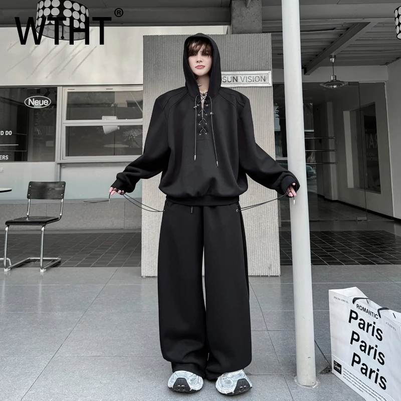 

WTHT модный мужской костюм, однотонный бандажный свитшот с капюшоном, повседневный уличный комплект с широкими брюками, мужской комплект, осень 2023, 2A1710