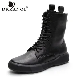 DRKANOL Fashion Women Winter Warm Snow Boots Real Cowhide Flat Back Zipper Comfort Soft Plush Mid Calf Boots Big Size 41 42 43