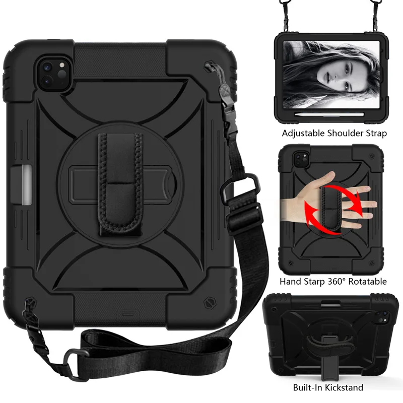 حافظة مضادة للصدمات لجهاز iPad Air4 10.9 2020 Pro11 2021 غطاء ثقيل لـ 7 8 9th iPad 10.2 2019 2020 2021 مع حزام الكتف