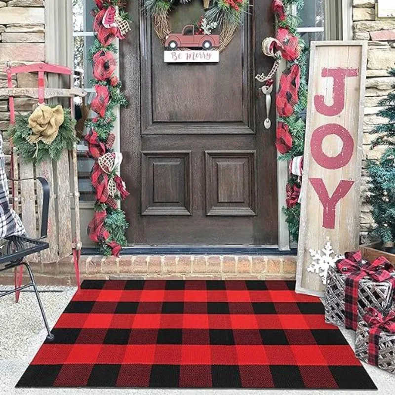 

Christmas Buffalo Check Plaid Door Mat Red Black Orange Blue Rug Festive Wreath Bow Non-slip Home Decoration for Entryway Rugs