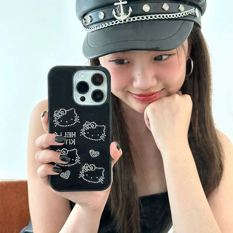 Kawaii Sanrio Anime Phone Case Cute Hello Kitty Cartoo Rhinestone All Inclusive Apply To 15 14 13 12 Pro Promax Gifts for Girls