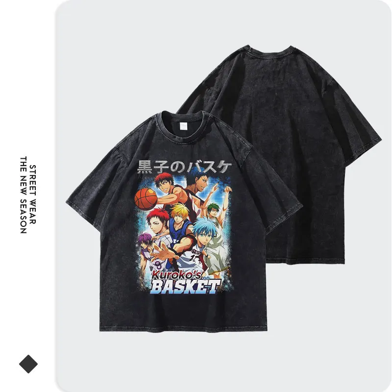 Anime Kurokos basket T-Shirt oversize Vintage Washed Kuroko Tetsuya T Shirt Streetwear Manga Aomine Daiki top Tees Men