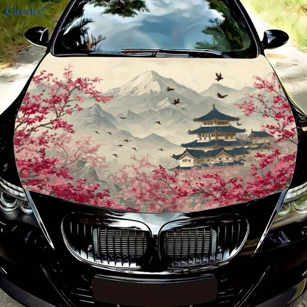

Japanese Style, Cherry Blossoms, Mount Fuji, Palace Pattern Vinyl Wrap - Cool Realistic Patterns Design , PVC Material, Fits Mos