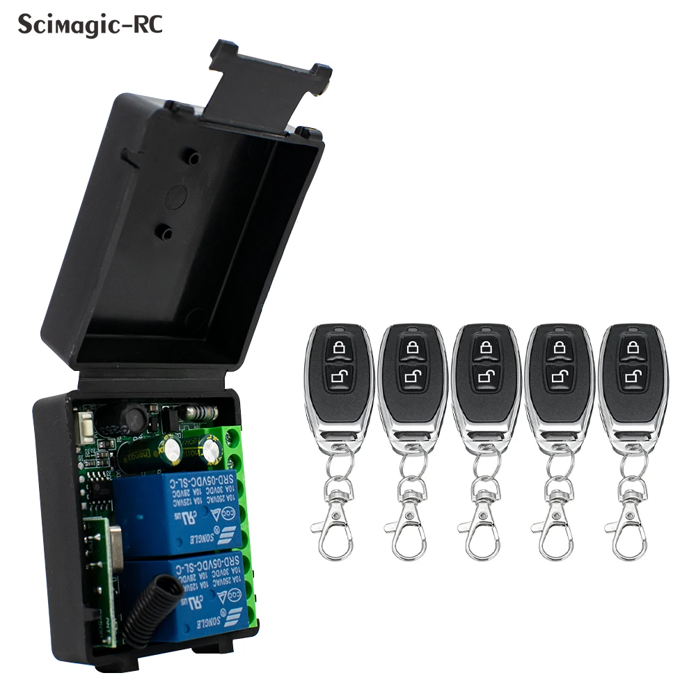 12V/24V 6-30V 433MHz 2 Channel Wireless Relay Switch + Two Button Remote Learn Code for Garage Door Light Curtain Control