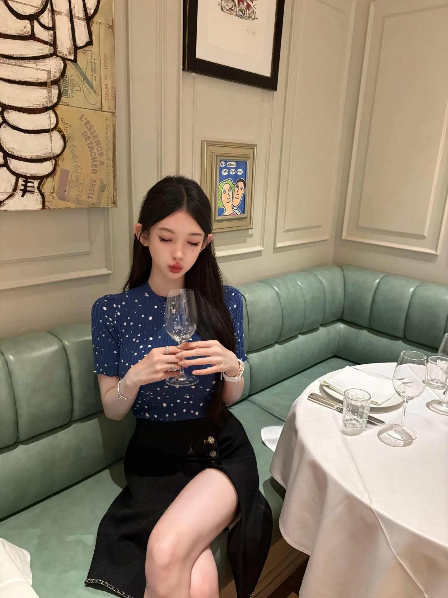 Snowfall Camellia Polka Dot Short Sleeve Knitted T-Shirt Slim Fit Elastic Long Sleeve Knitted Sweater Women's Fashion Spring