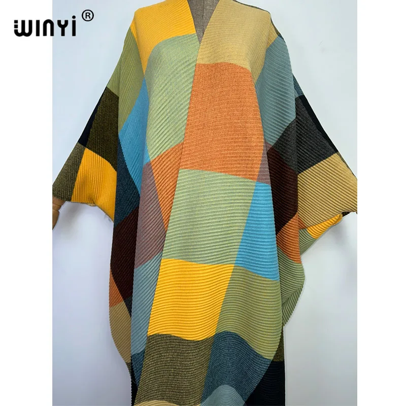 WINYI winter stripe printing cotton Pleated dress Beach Wear elegant Africa women Cardigan Hot Bohemian holiday party Kimono