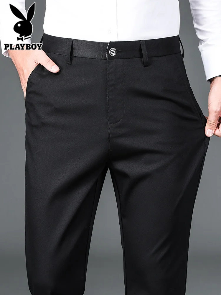 

Черные повседневные брюки для мужчин, зауженный крой, в деловом стиле, модные весенние универсальные длинные брюки, прямые штанины, с карманами