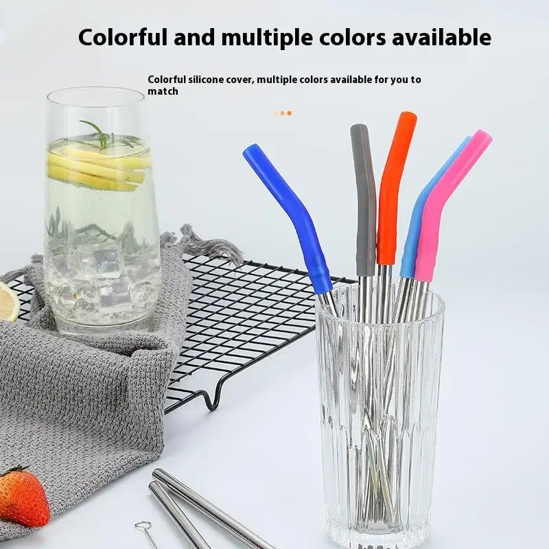 

Long Metal Straw With Silicone Tips Cleaning Brush Stainless Steel Drinking Straw With Covers