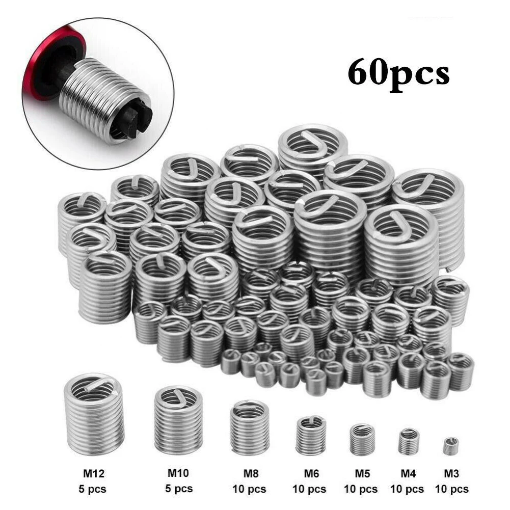 

60pcs M3 M4 M5 M6 M8 M10 M12 Fastening Thread Insert Set Stainless Steel Repair Tool Insert Kit Spiral Wire Screw Sleeve Wear