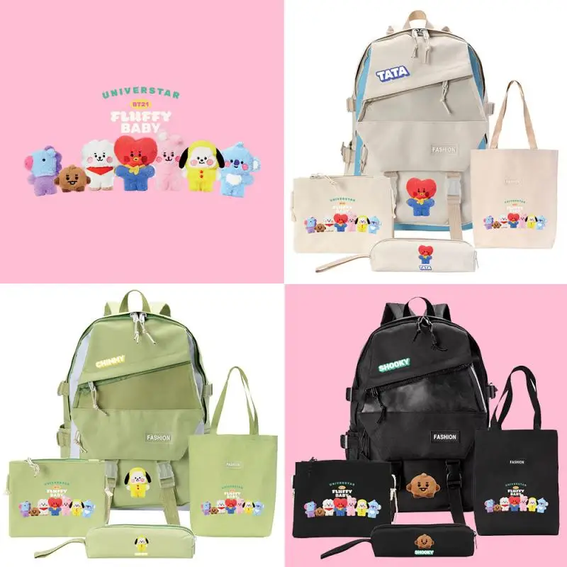 4Pcs/set Cute Bt21 Small Animal Schoolbag Handbag Shopping Bag Pencil Case Combination Student Stationery Boy Girl Birthday Gift