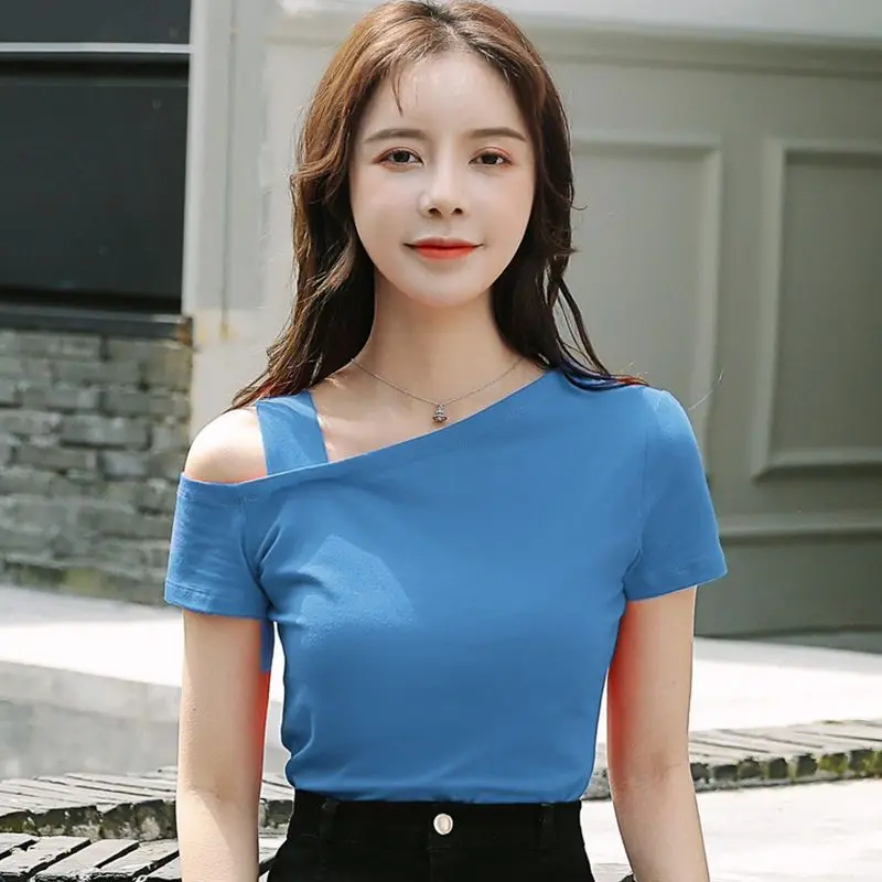 Women Summer Korean Fashion Slim Solid Color Off Shoulder Short Sleeve T-Shirt Women Clothes Casual All-match Appear Thin Tops