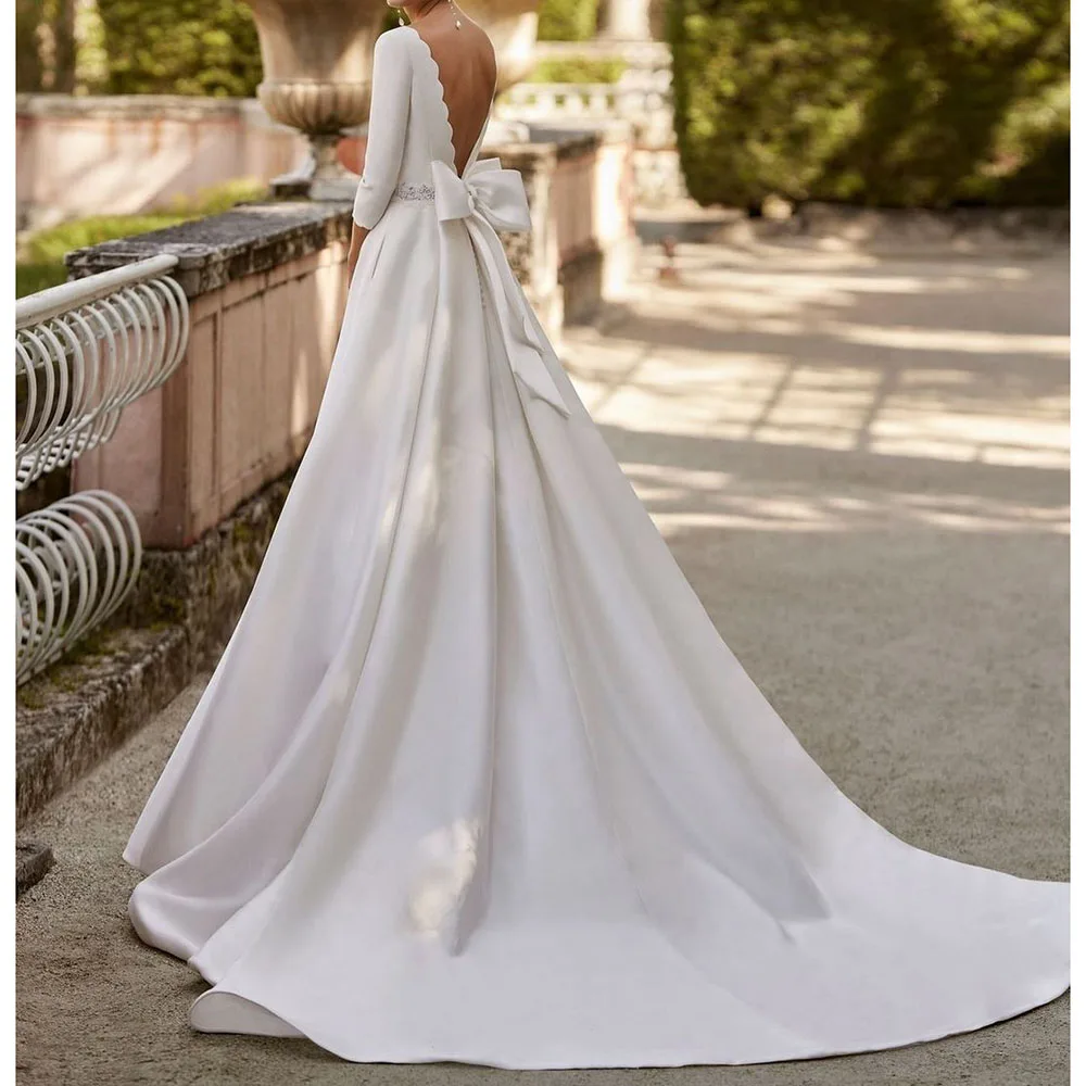 Elegant Wedding Dresses Backless Bow Draped O-Neck Three Quarter Sleeve Chapel Train Princess Gowns vestidos de novia 2025