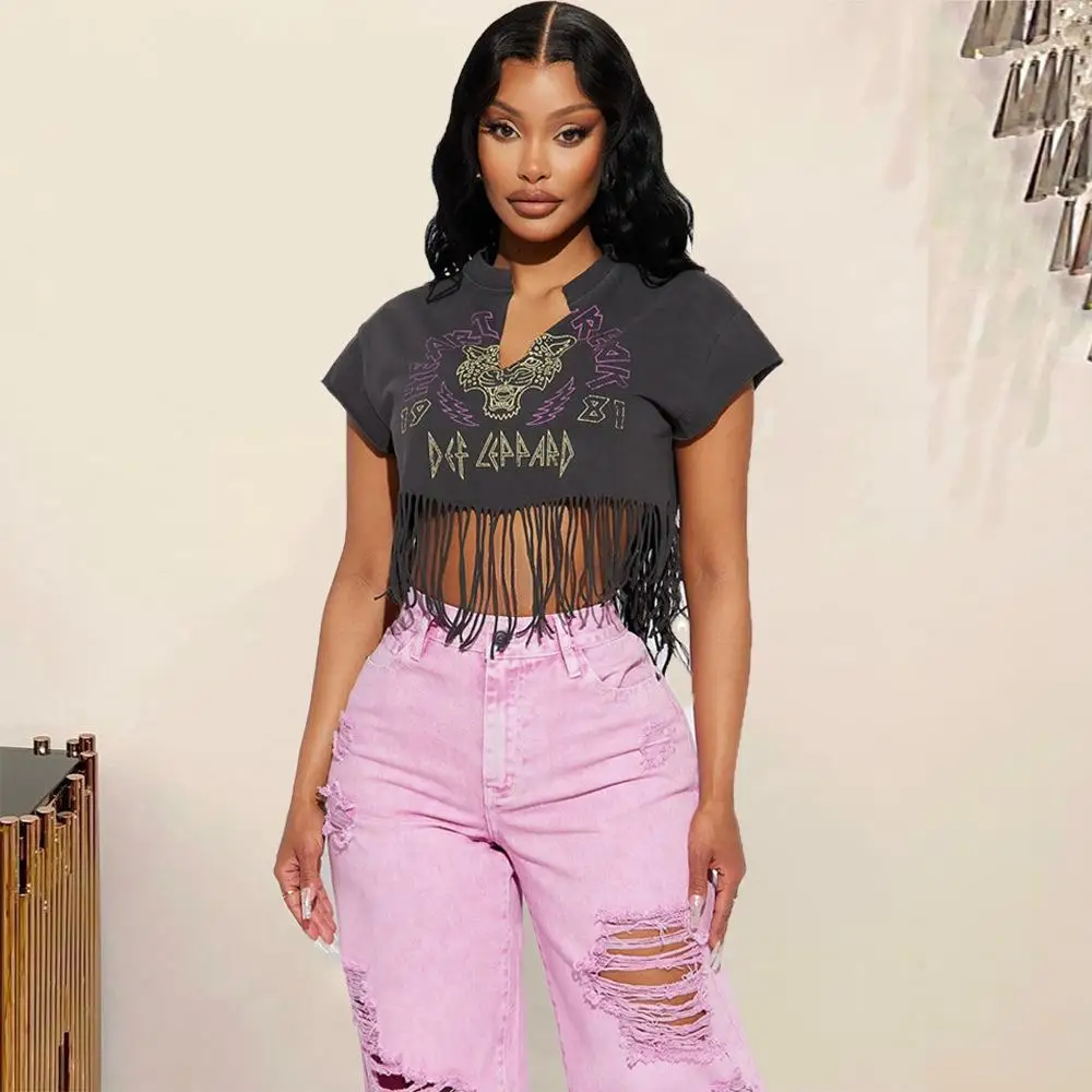 

Women's Printed Fringe irt ort Sve Street Sle Polyester T-irt Animal Pattern Women's Top Faion Casual Wear