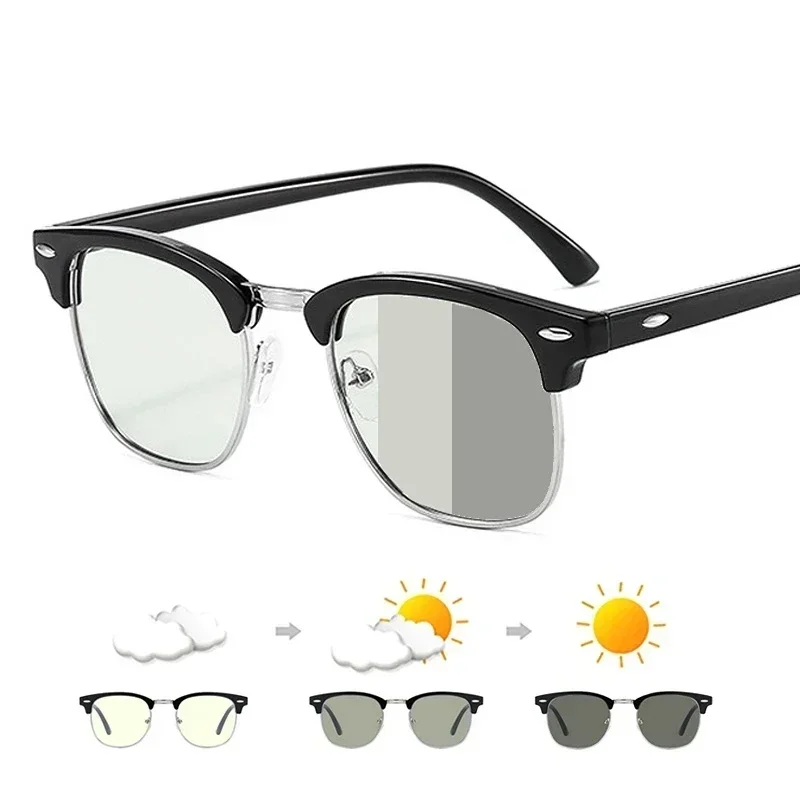 2024 Photochromic Anti-blue Light Glasses Men Fashion Rectangle Semi Rimless Eyewear for Women Office Computer Goggle