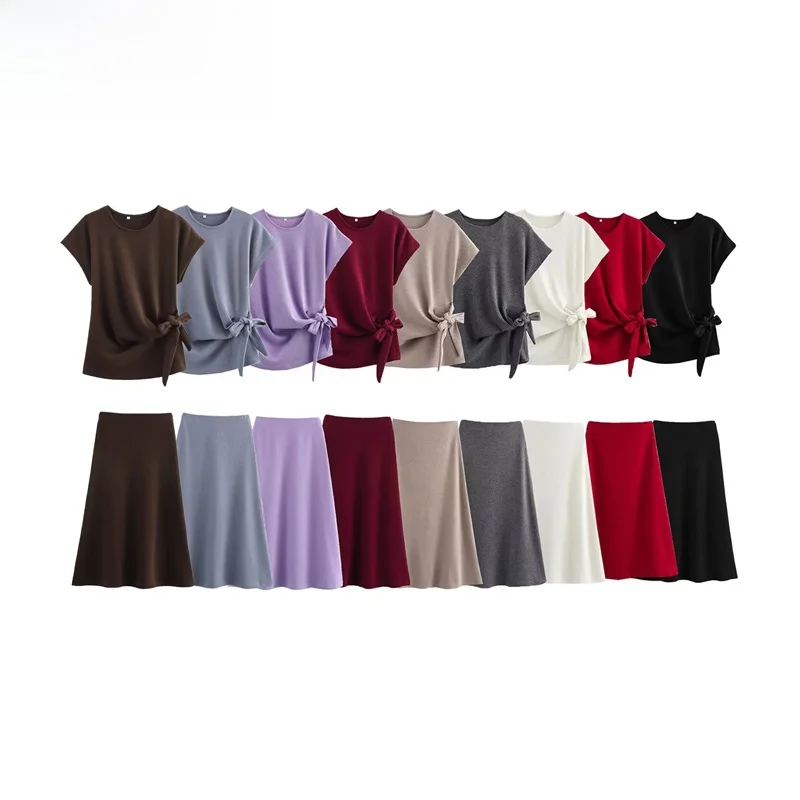 

ZBZR Новый весенний женский модный круглый топ Ne с украшением в виде узла f Юбка Комплект из двух предметов Полиэфирное волокно Универсальный крой