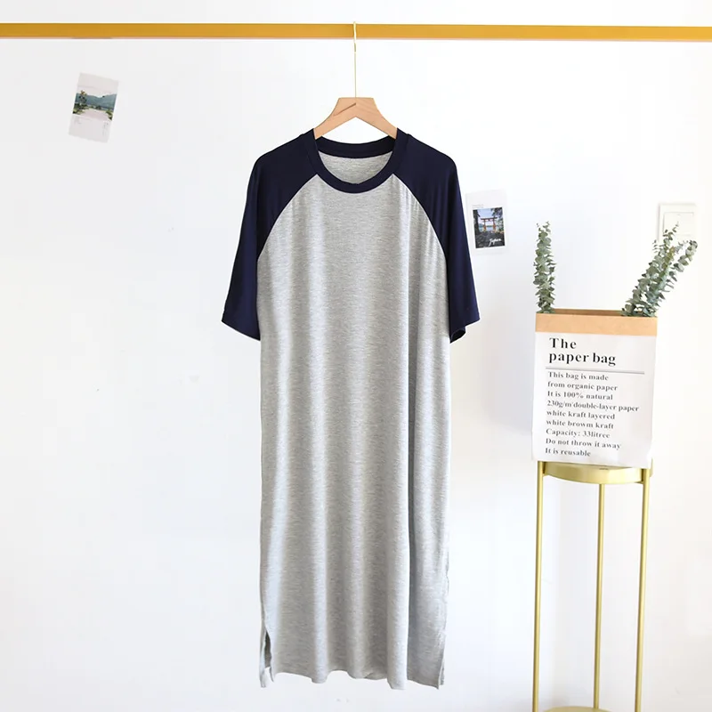 Splicing Round Neck Nightgown Sleepdress Men Short Sleeve Homewear Casual Night Dress Solid Color Home Clothes Silk Homedress