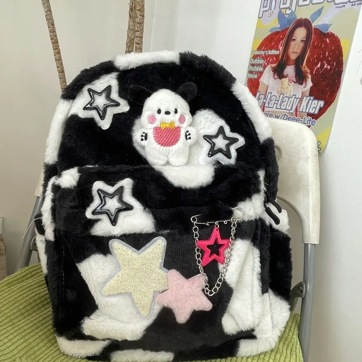 

Korean Plush Dog Contrast Color Star Patchwork Y2k Aesthetic Backpack High-capacity Kawaii Cute Girl Schoolbag Women Travel Bag