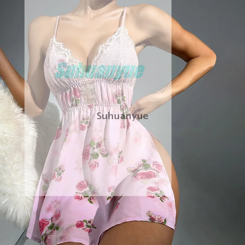

New Fashionable And Sexy Suspender Slit Nightgown Sleepwear Women S Print