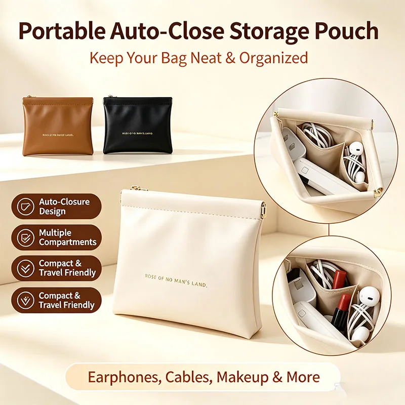 Mini Automatic Closure PU Leather Purse Bag - Portable Storage for Earphones Charging Cables Lipstick Wallet Coin Organizer