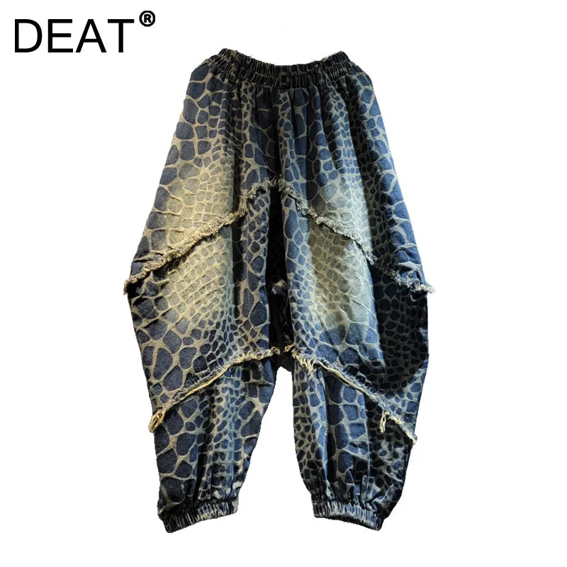 DEAT Women's Harem Jeans Elastic Waist Washed Patchwork Leopard Printed Loose Denim Pants 2024 New Fashion Autumn 11A01706