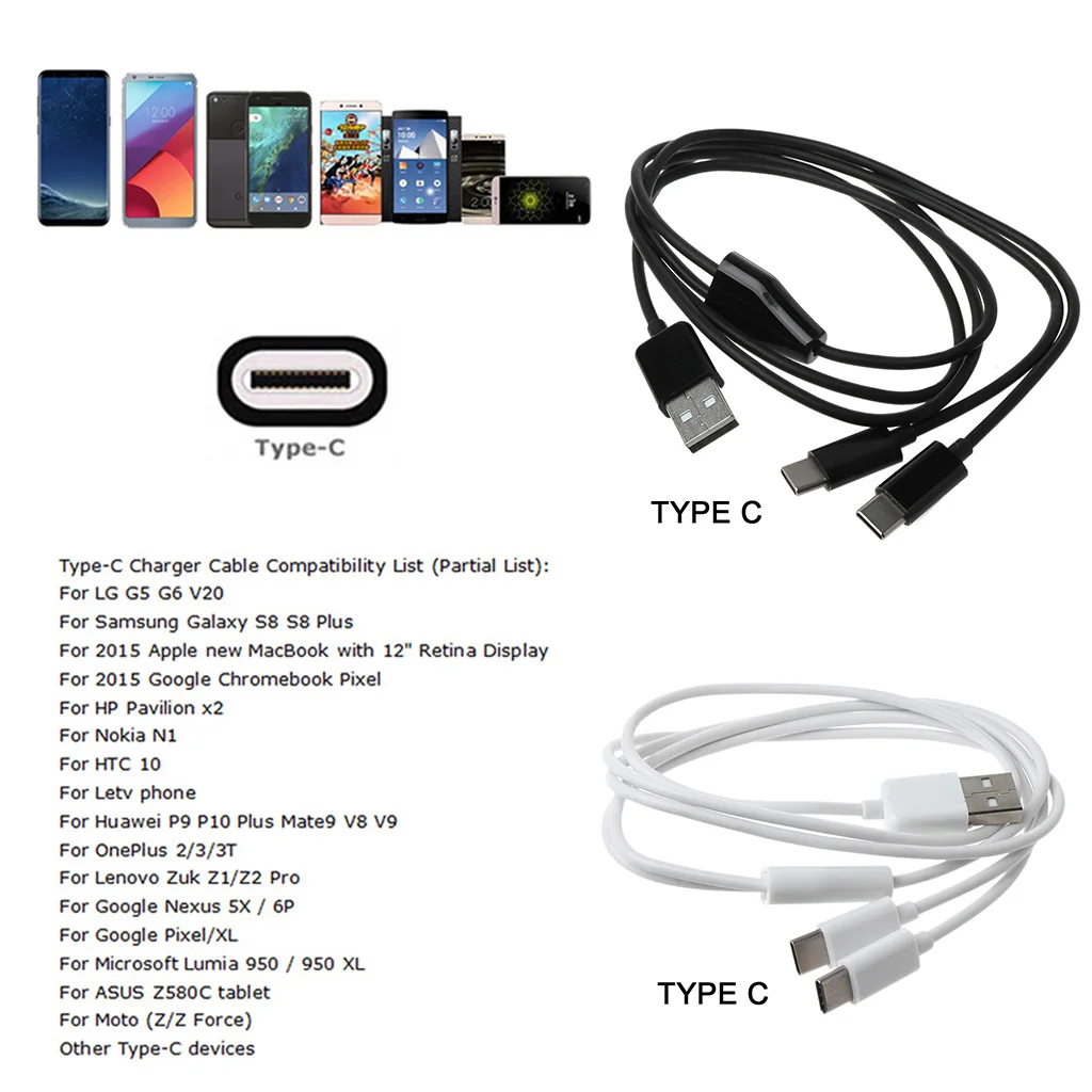 Cabo de carregamento rápido múltiplo, 2 em 1, USB para 2 USB C Connector, Dropship