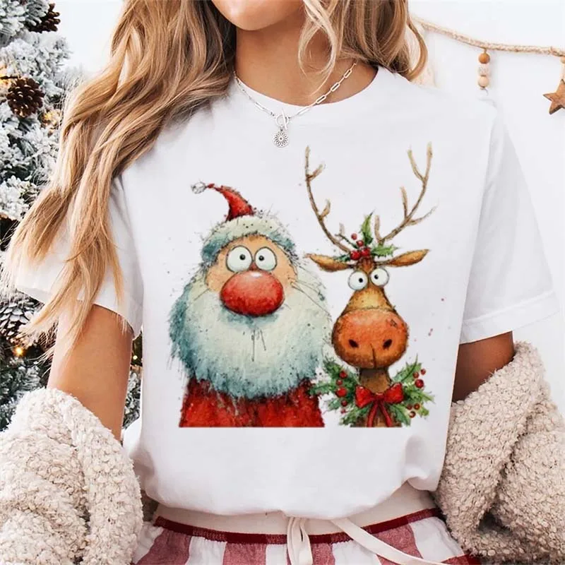 Fun Short Sleeved Santa Claus and Reindeer Printed Women's White T-Shirt Round Neck Casual Cartoon T-Shirt Printed Gift T-Shirt