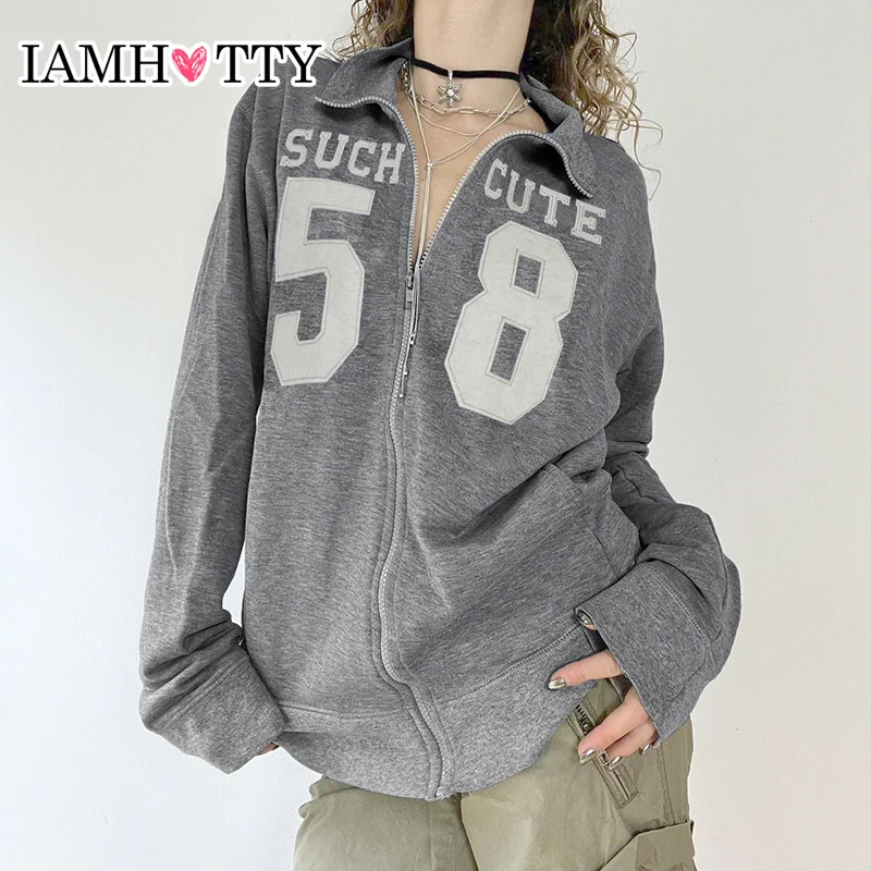 

IAMHOTTY Sporty Chic Digital Print Zipper Sweatshirts Grey Casual Basic Loose Turtleneck Cardigan Vintage Boyfriend Style Coats